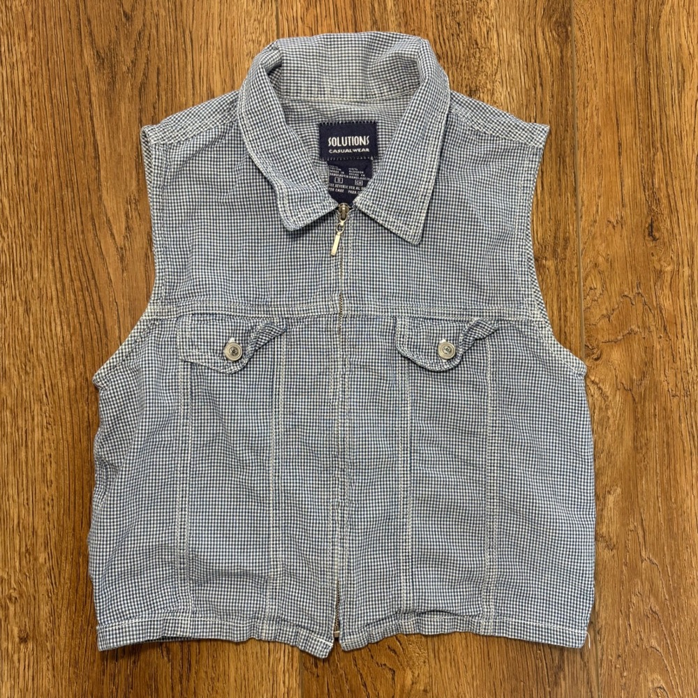 VTG 90s‎ Blue Gingham Vest Zip Up 100% Cotton Womens XS/S Cottagecore Cropped